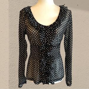 Black and white polka dot mesh ruffled blouse